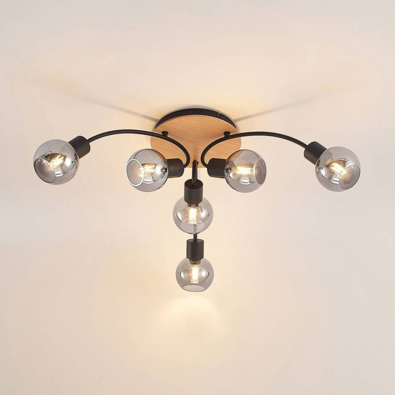 Eridia 6 Round Lámpara de Techo Black/Wood - Lindby