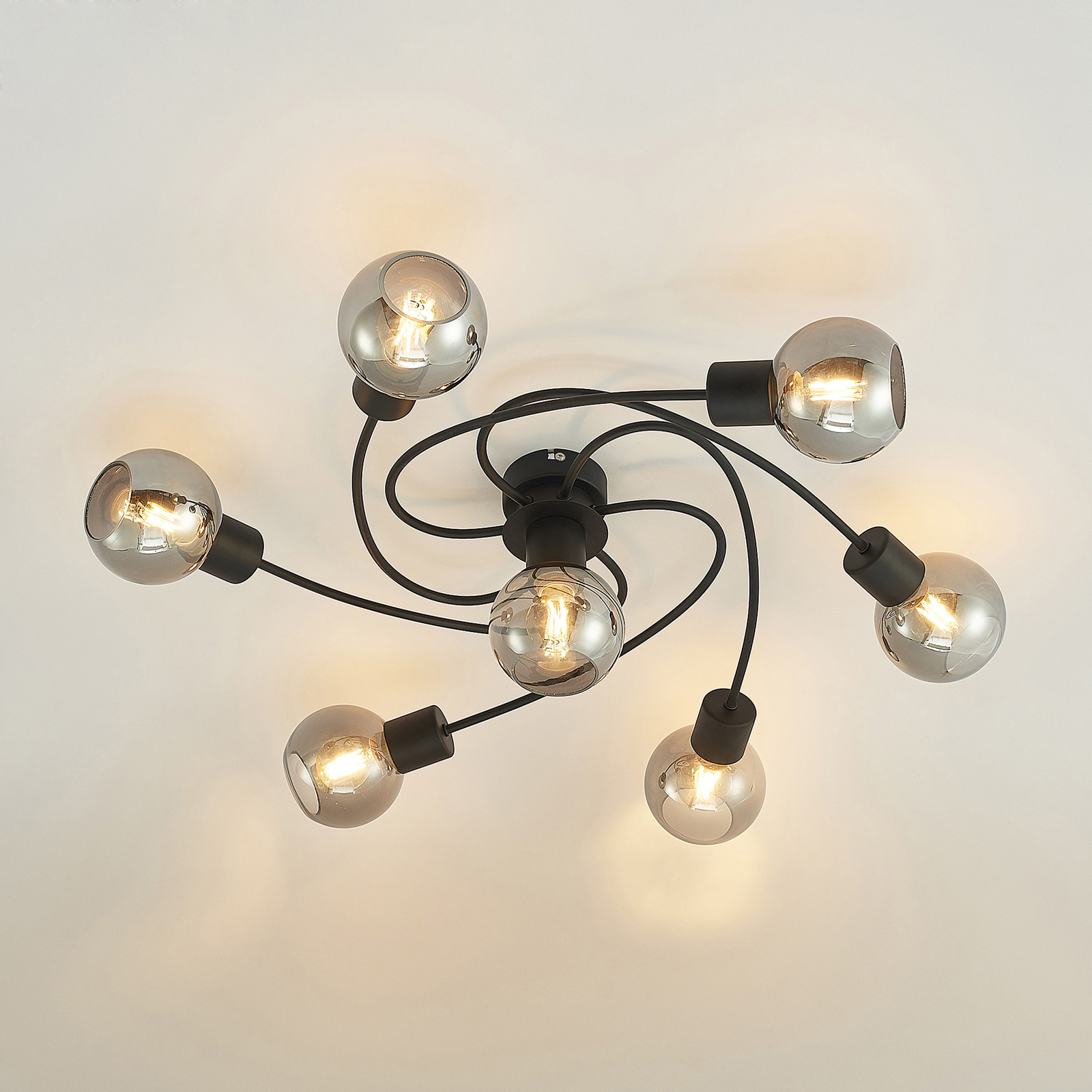 Lindby plafondlamp Ciala, 7-lamps, zwart, rook, glas