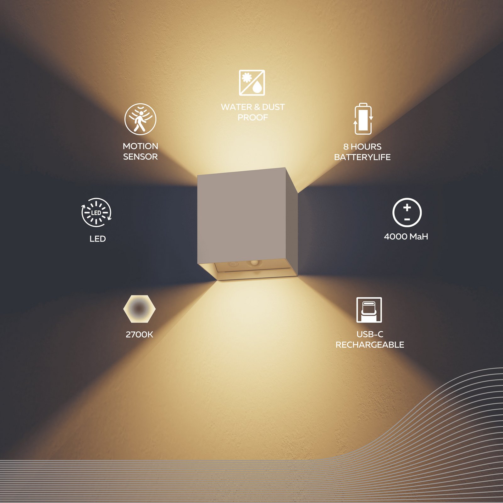 Calex LED-Akku-Sensor-Außenwandlampe Volterra, sand, IP44