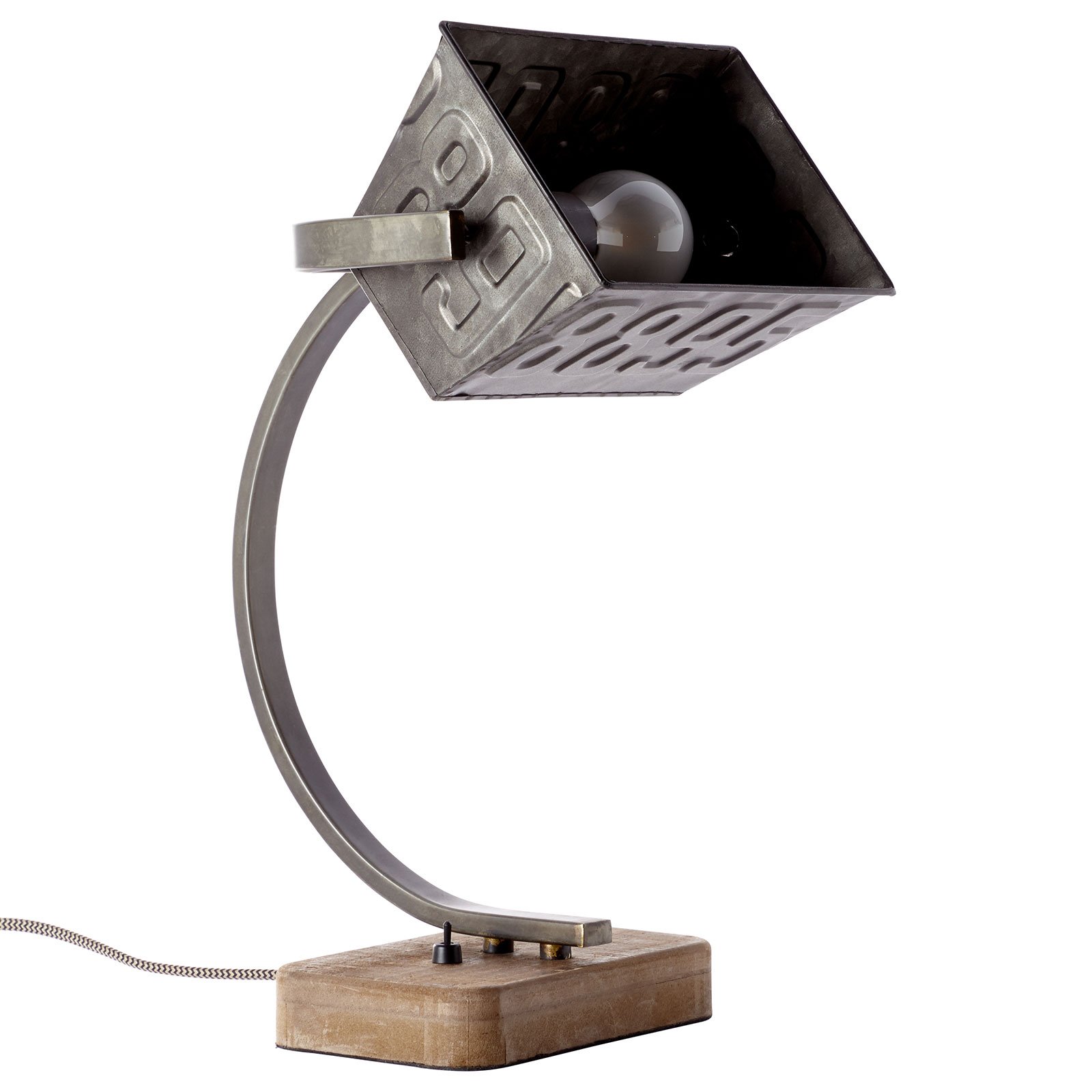 Metalowa lampa stołowa Drake z drewnianą podstawą