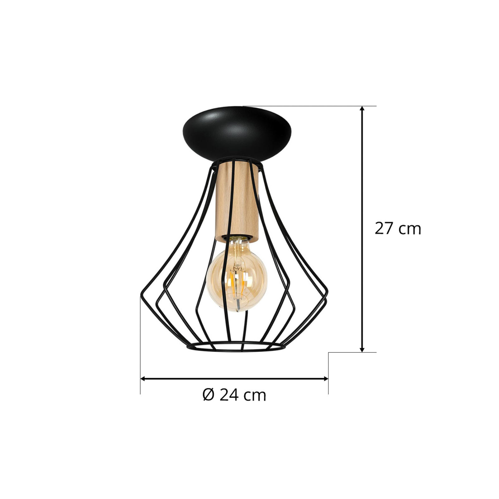 Plafondlamp Will, licht hout, zwarte kooi