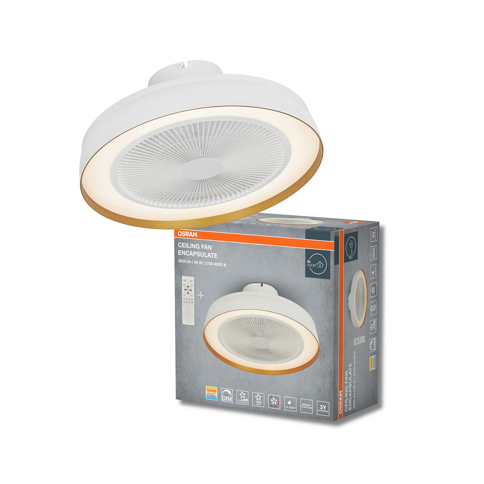 OSRAM ENCAPSULATE LED ceiling fan, Ø 48 cm, white, CCT