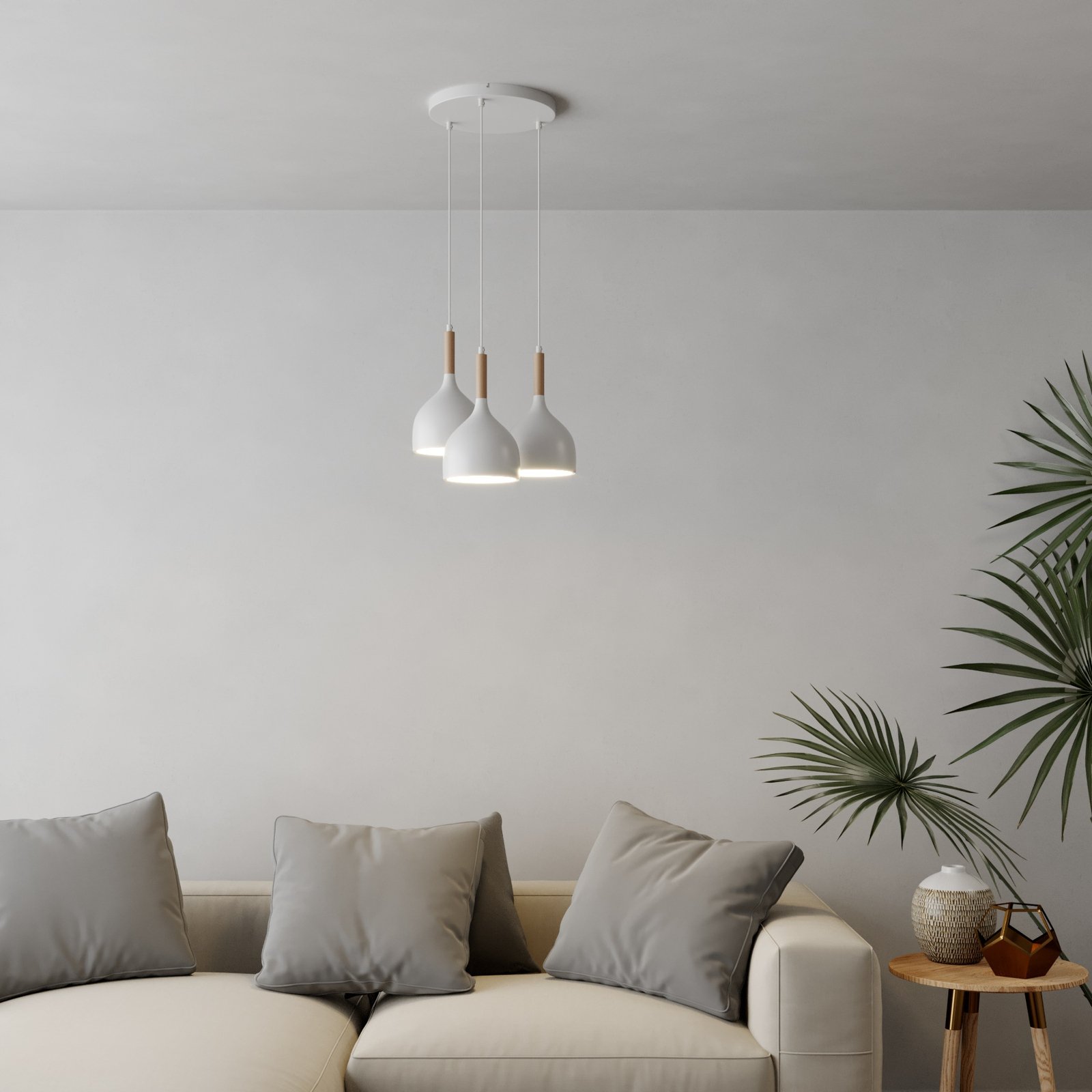 Noak hanging light 3-bulb round white/natural wood