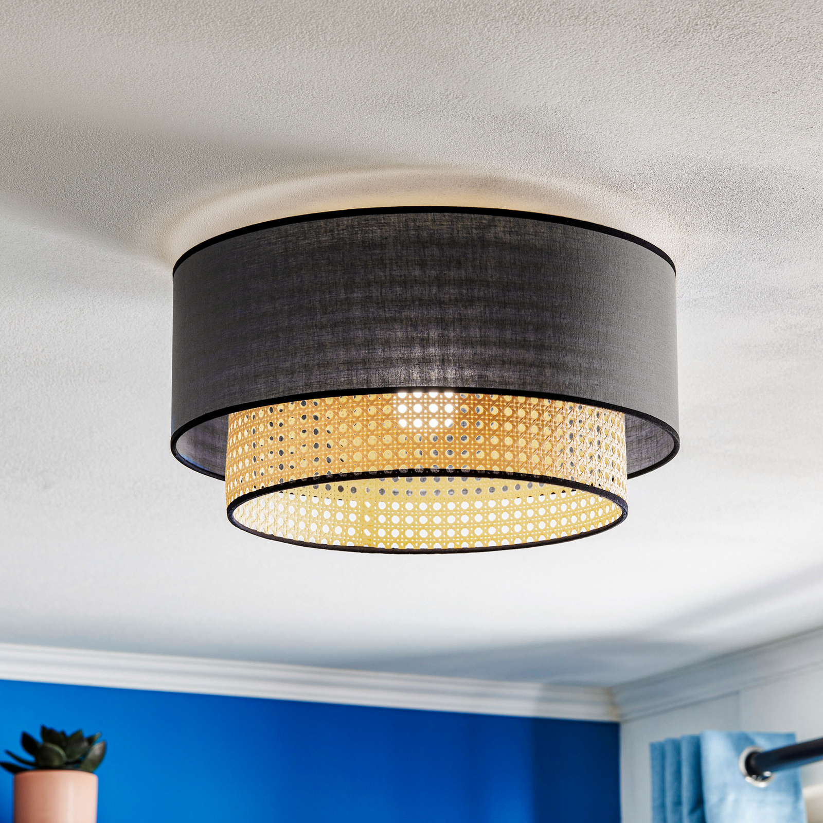 Lampa sufitowa Boho rattan, tkanina, czarna/beżowa
