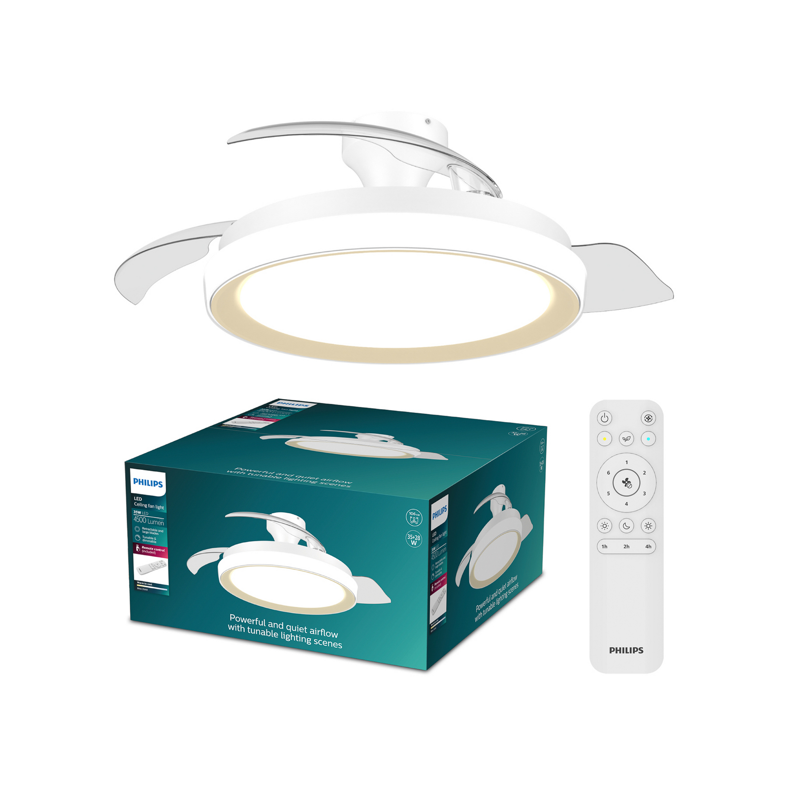 Wentylator sufitowy LED Philips Bliss, złoto-biały, cichy, CCT