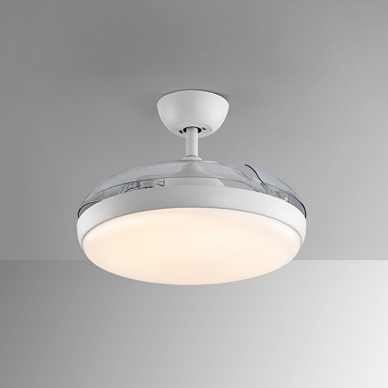 LED stropni ventilator Venturi bel/prozoren DC, Ø 106 cm tih