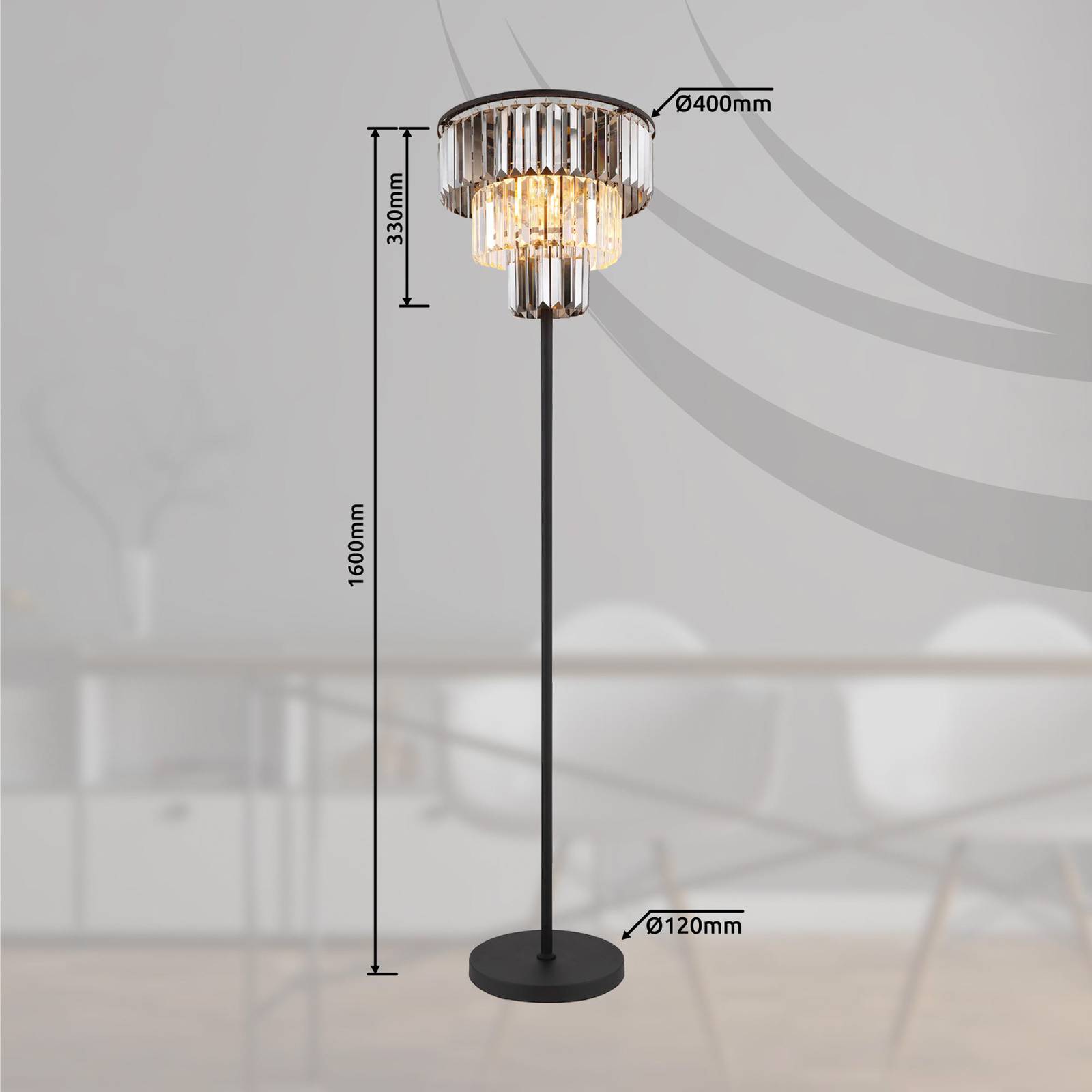 Globo Stojací lampa Naxis, černá/kouřově šedá, výška 160 cm, křišťálová