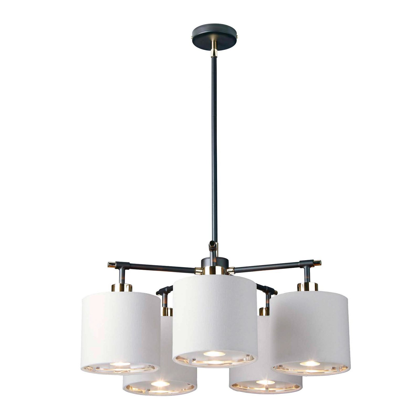 Balance pendant light 5-bulb, black/nickel, white lampshades