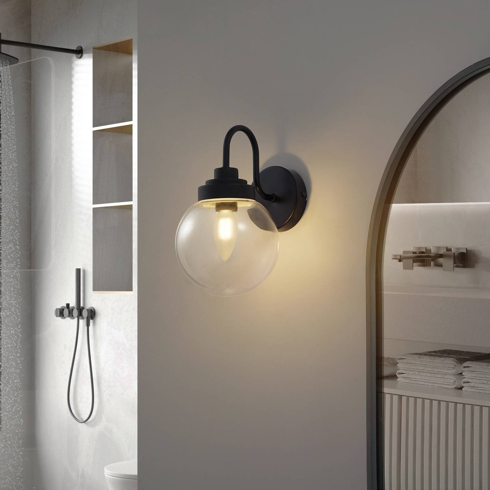 Lucande Wandleuchte Badolo, schwarz, Glas, 25 cm hoch, IP44 günstig online kaufen