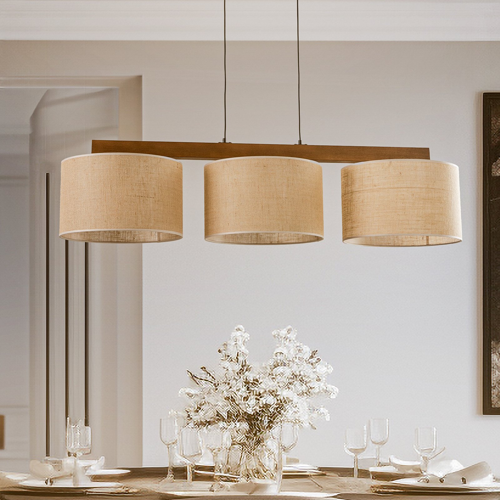 Juta Hängeleuchte 120 cm dreiflammig Balken Holz