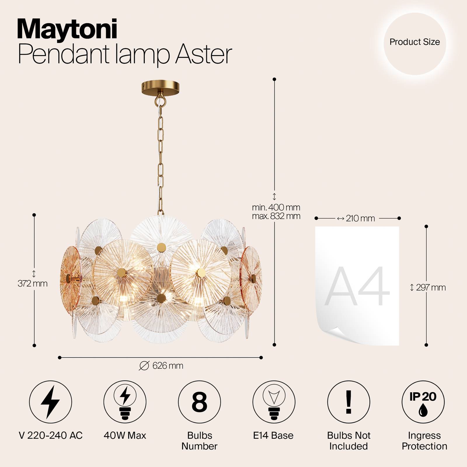 Maytoni żyrandol Aster, szkło, Ø 62,6 cm, 8 x E14