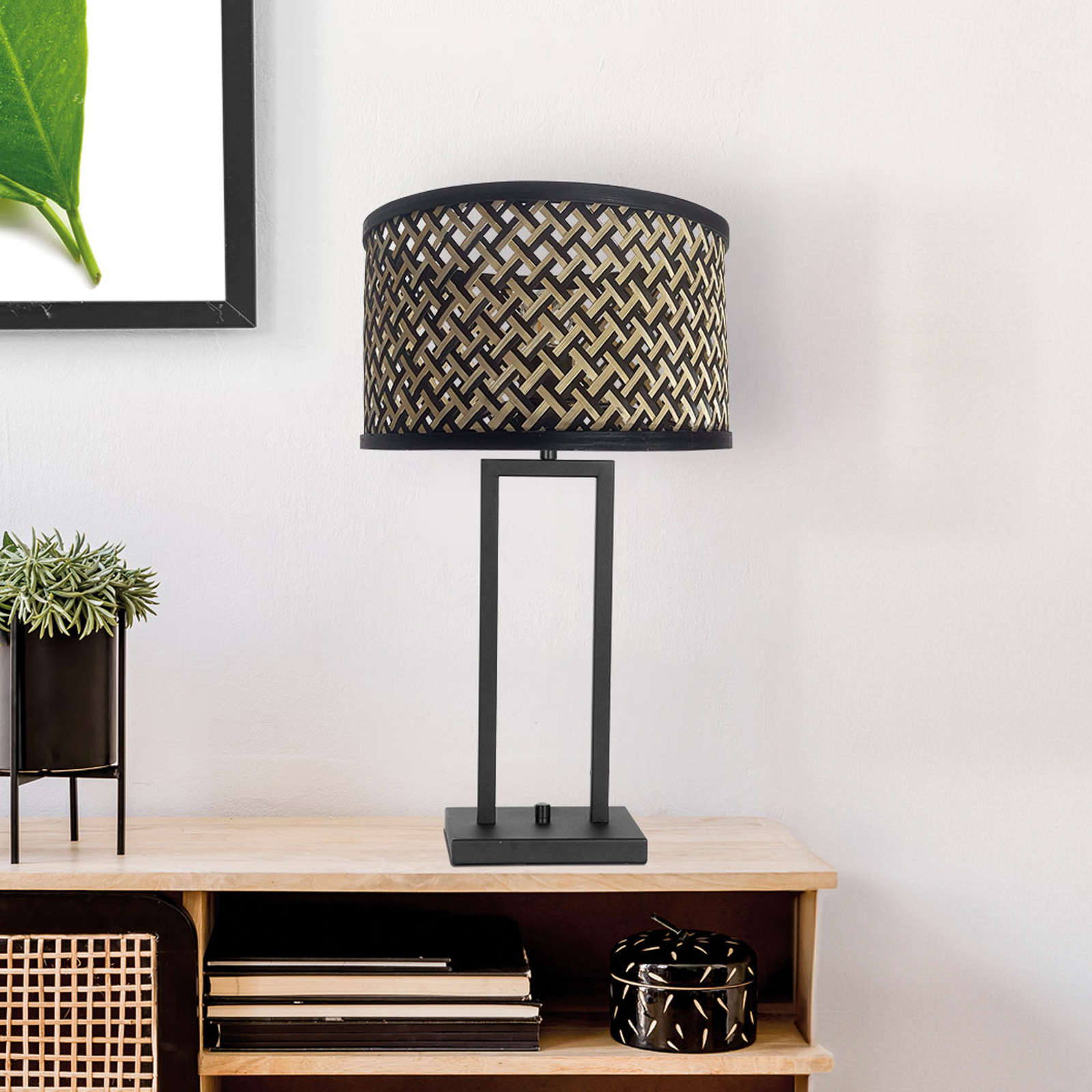 Stang 3703ZW table lamp, black/natural wickerwork