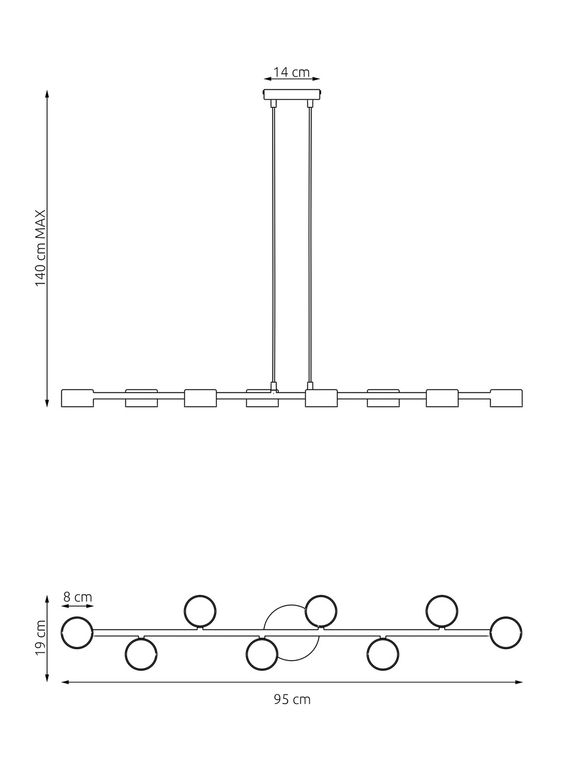 Deckenstrahler Megara, Länge 100 cm, Metall, 8-flg.