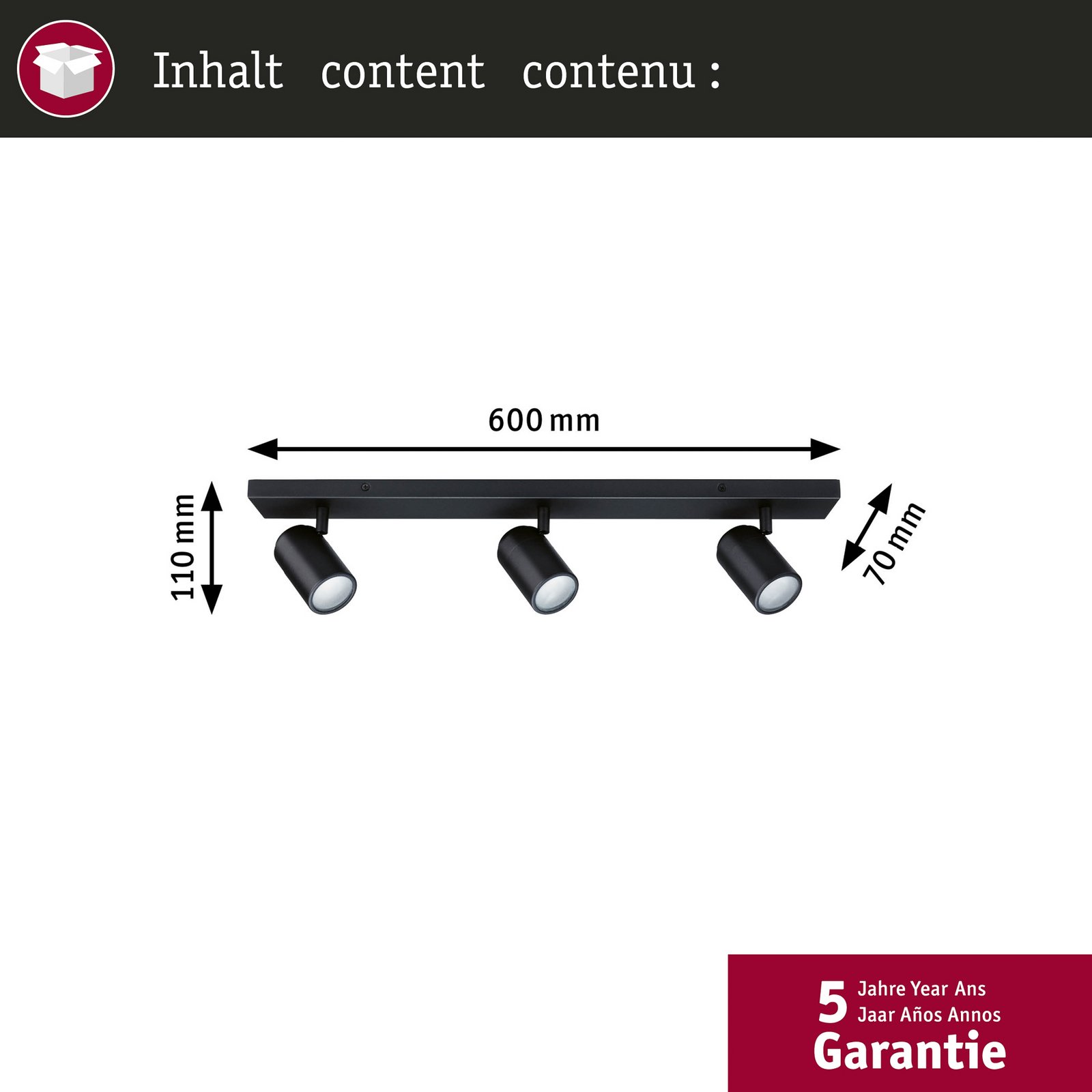 Zyli 3 plafonnier IP44 Long à intensité variable. Noir mat - Paulmann