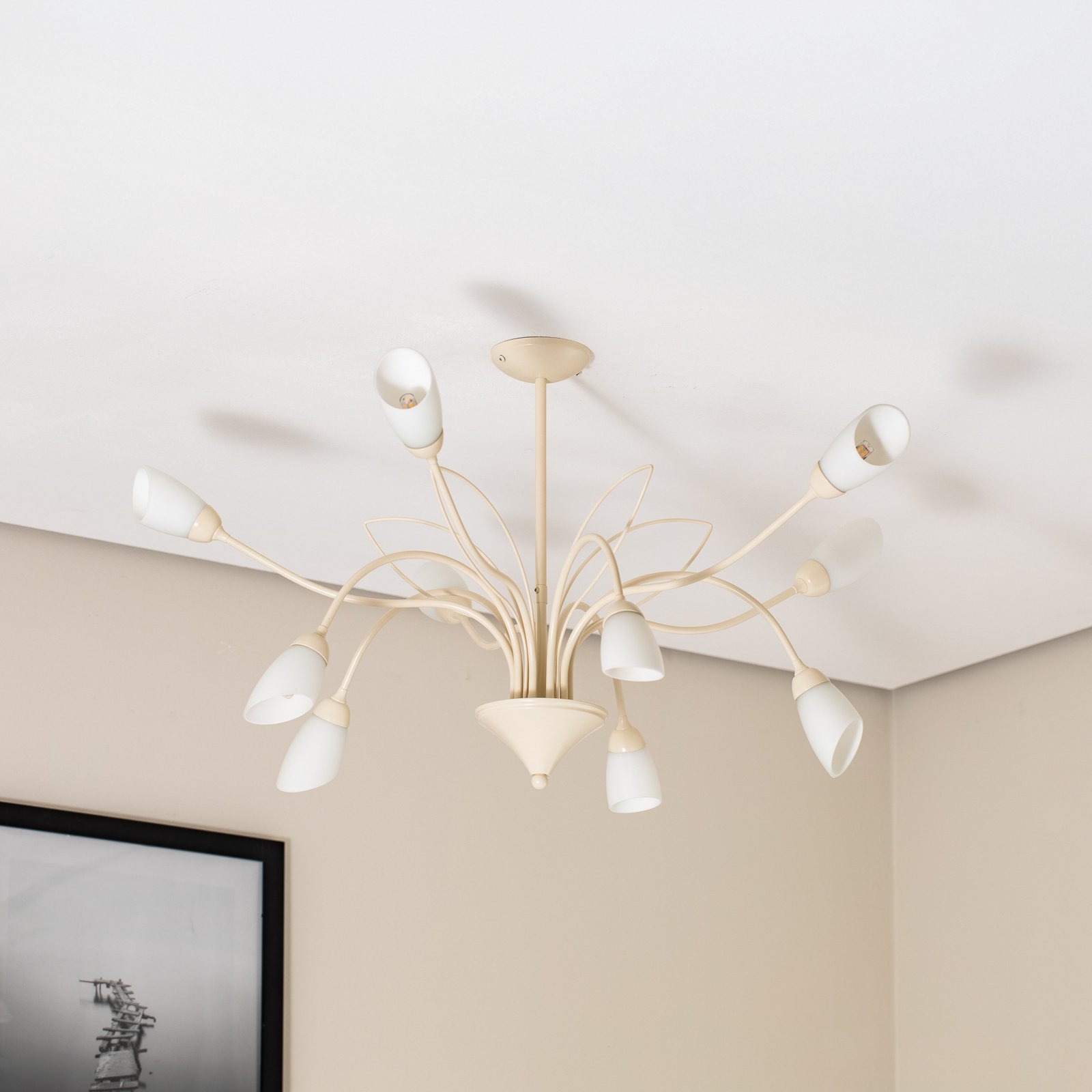 Plafonnier Gloriosa, verre, crème, à 10 lampes