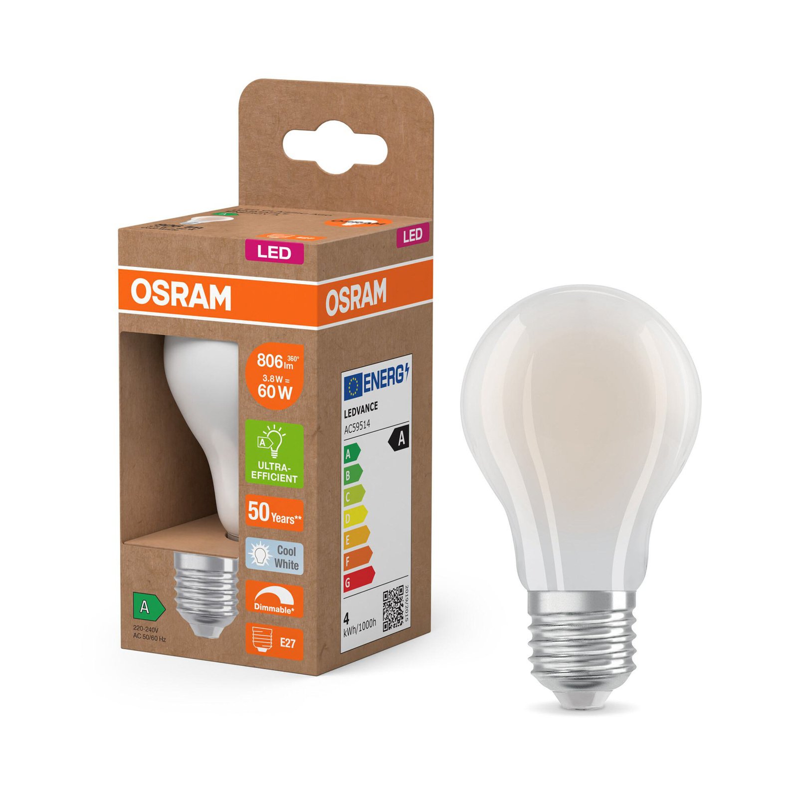 OSRAM LED žarnica mat E27 3,8W 4000K 806lm dim