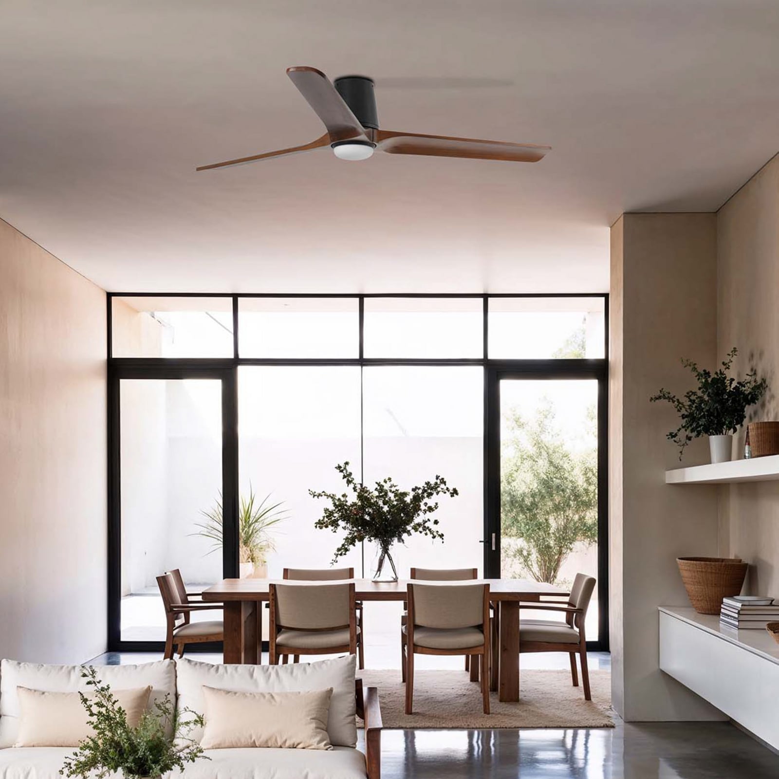 Ventilador LED Heywood L, Ø 132 cm, preto/tom de madeira, DC, CCT Ventilador LED Heywood L, Ø 132 cm, preto/tom de madeira, DC, CCT