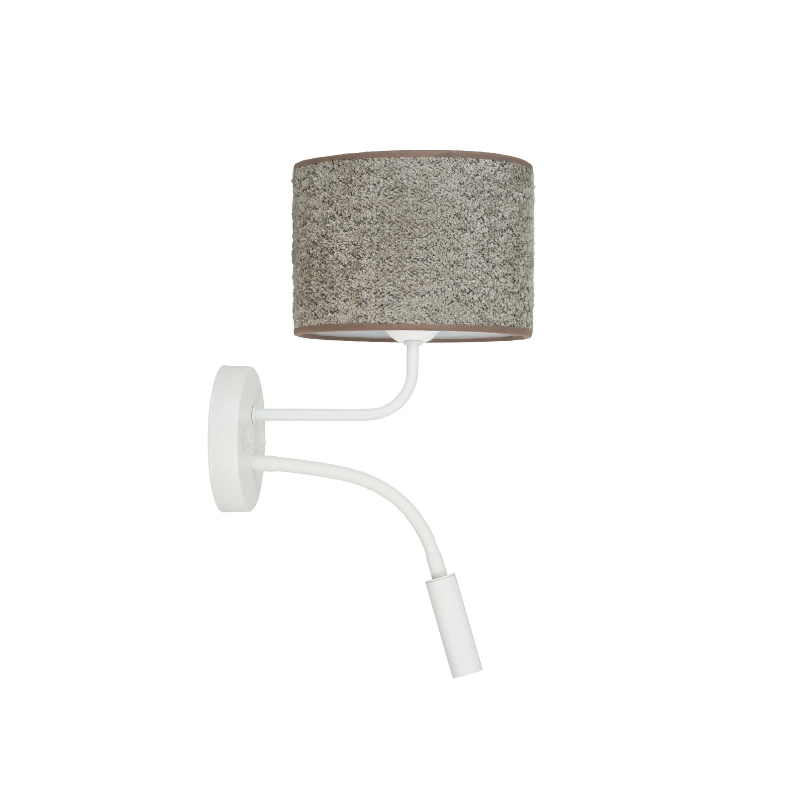 Aplique de pared Roller, bouclé gris, blanco, con brazo de lectura