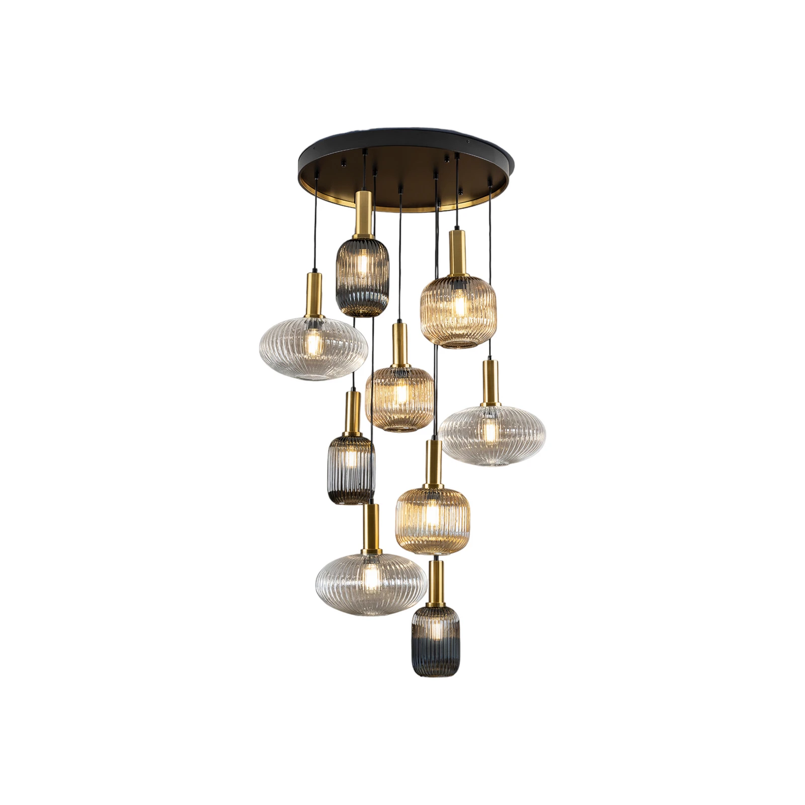 Hängelampe Norma, Ø 80 cm, 9-flammig, schwarz/messing, Glas