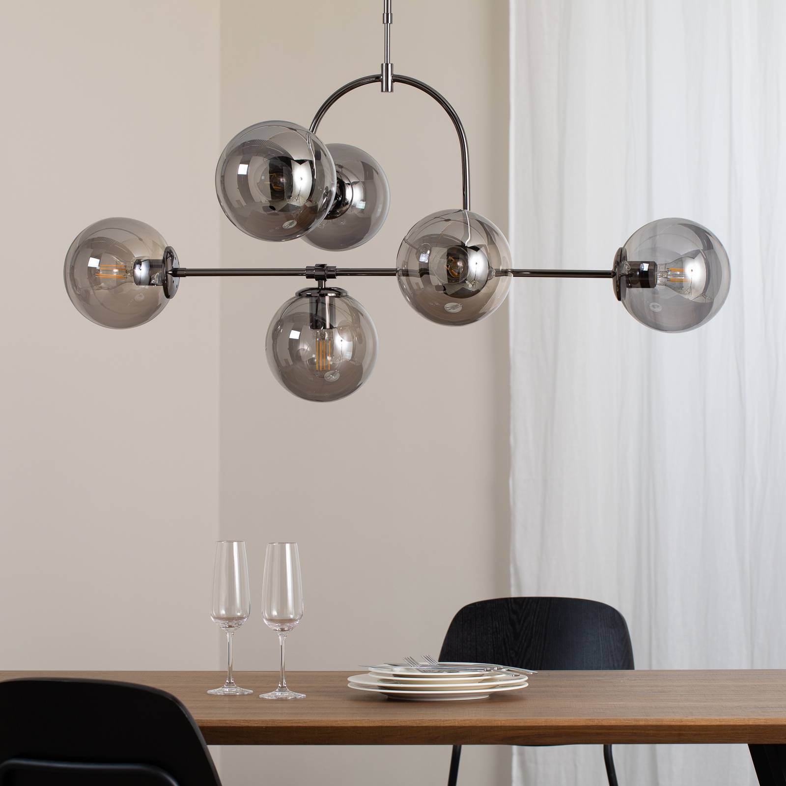 Hängelampe Portemo, rauchgrau/nickel, 104x80 cm, 6-flg. Glas günstig online kaufen