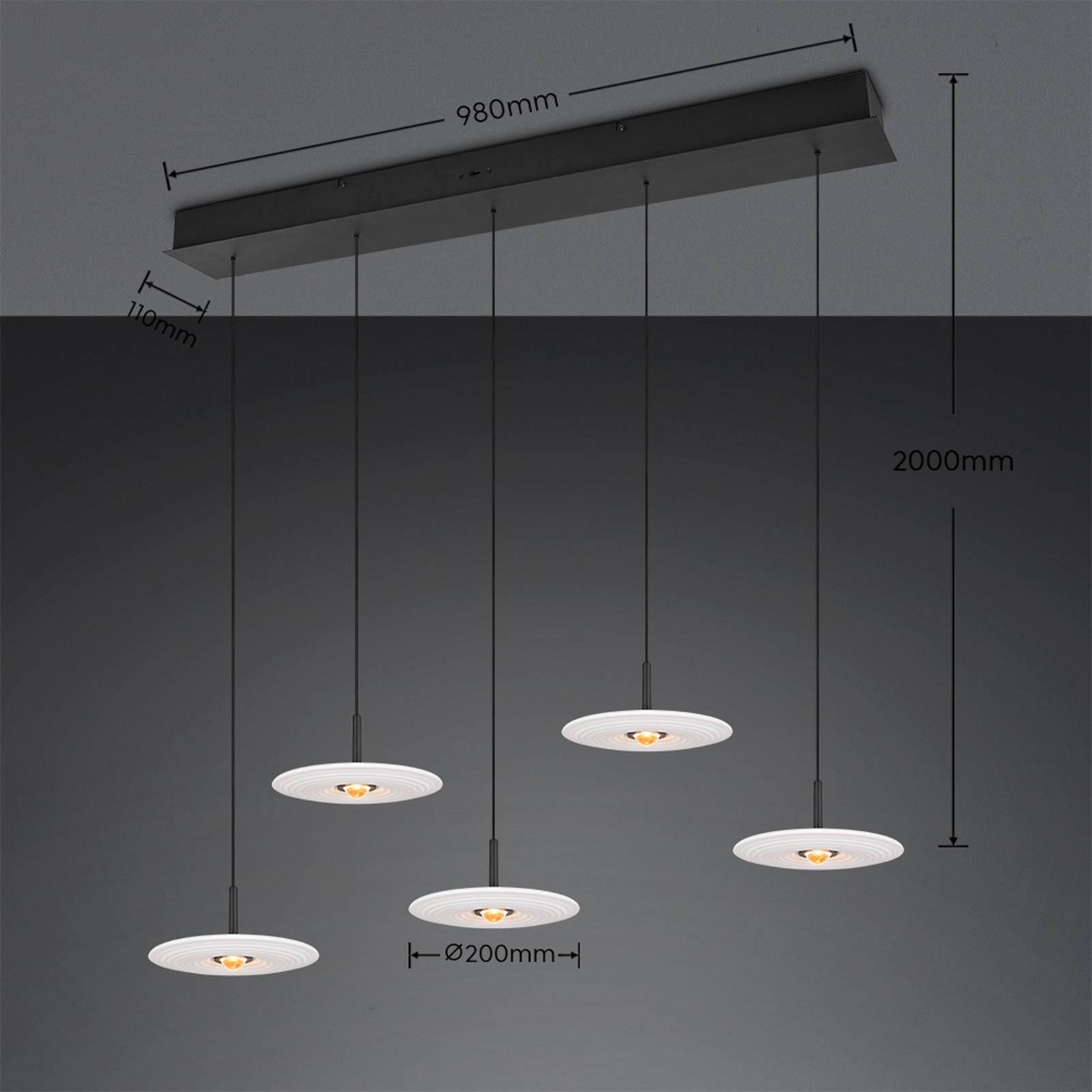 LED-hengelampe Sirena, hvit, lengde 104 cm, glass, CCT, 5 lyskilder