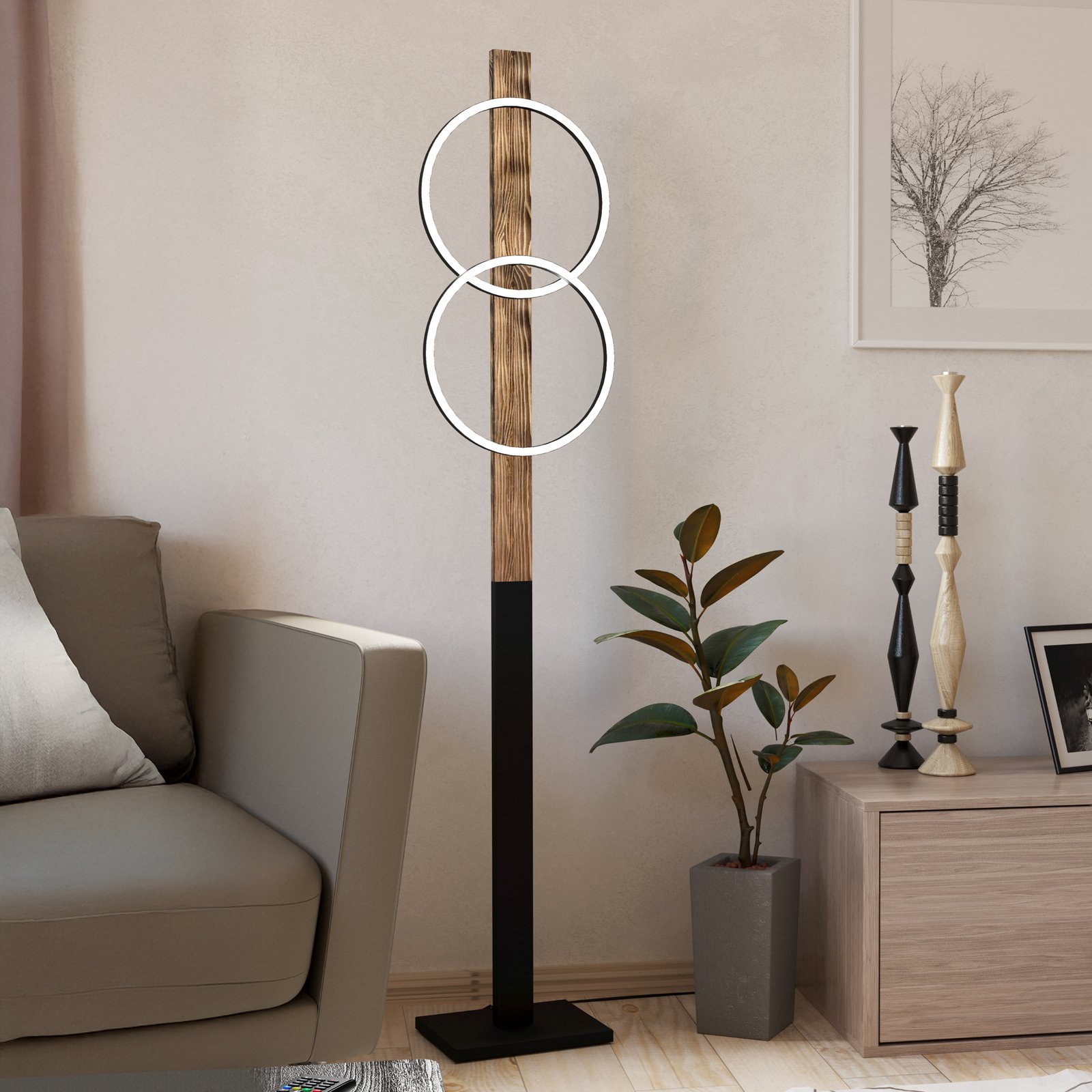 LED-golvlampa Boyal, brun, höjd 150 cm, trä, 2 lampor.