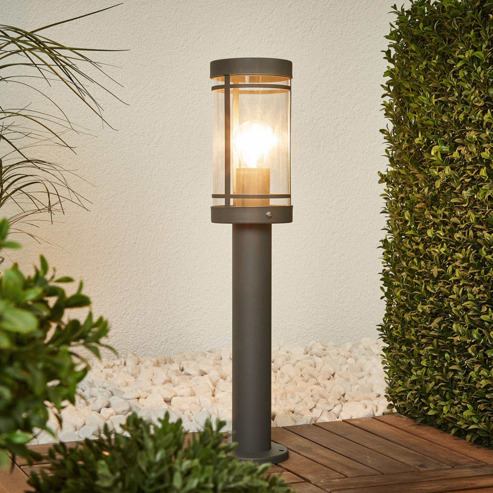 Lindby Dark grey stainless steel Djori pillar lamp, stainless steel, polycarbonate, E27, 60 W, energy efficiency: A++, H: 50 cm