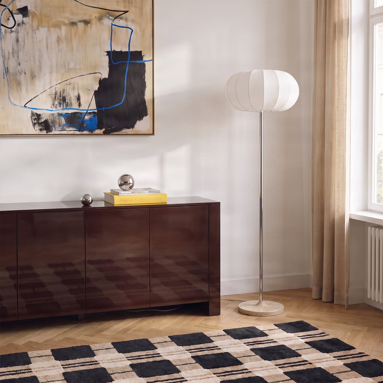 Elovie Floor Lamp, natural/chrome, fabric/travertine, 160cm - NOLA Elovie Floor Lamp, natural/chrome, fabric/travertine, 160cm - NOLA