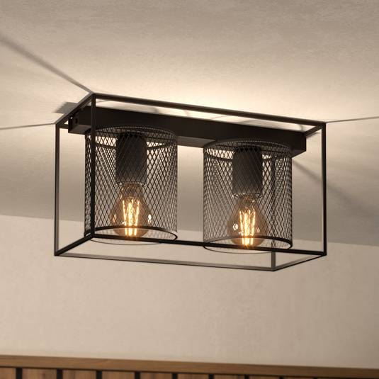STOEX Set di 2 plafoniere industriale design retrò, illuminazione da soffitto in metallo corda di canapa, lampada a gabbia camera da letto vintage lampadario nero 160 mm