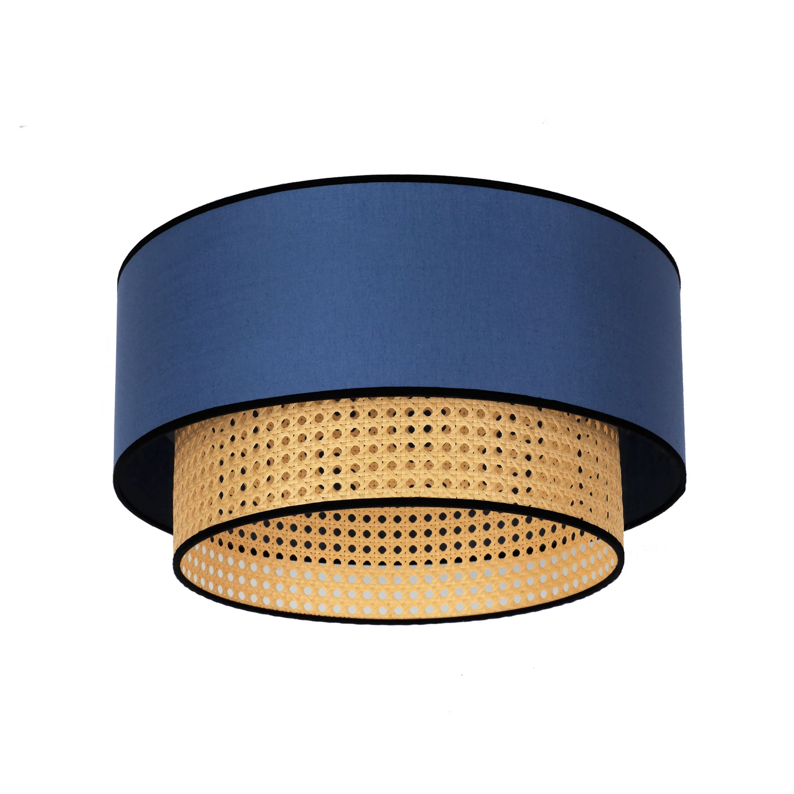 Candeeiro de teto Boho, azul/madeira/preto, Ø 45 cm, tecido/rattan