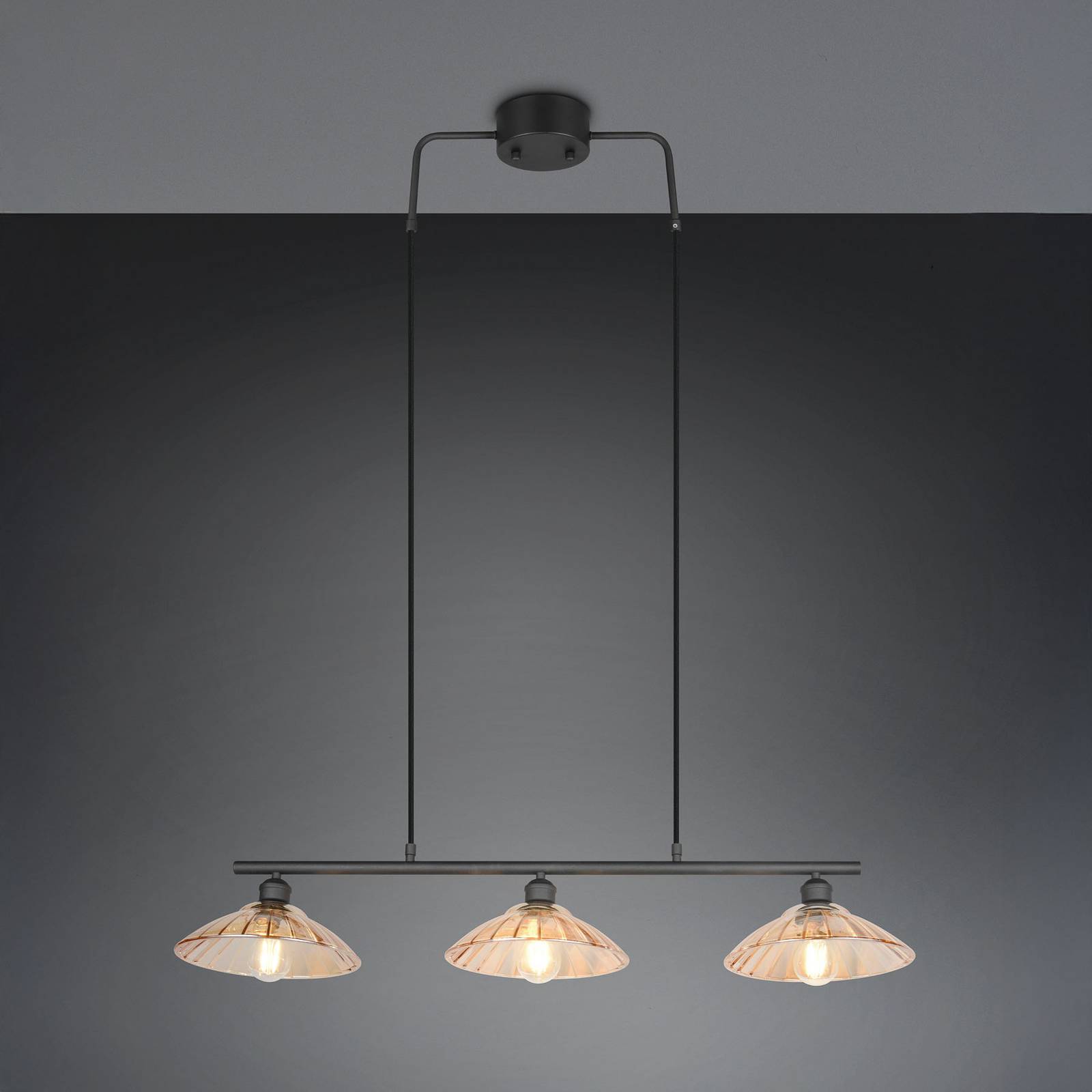 Reality Leuchten Eluna hanging light, amber/black, 100 cm, glass/metal, 3-bulb.