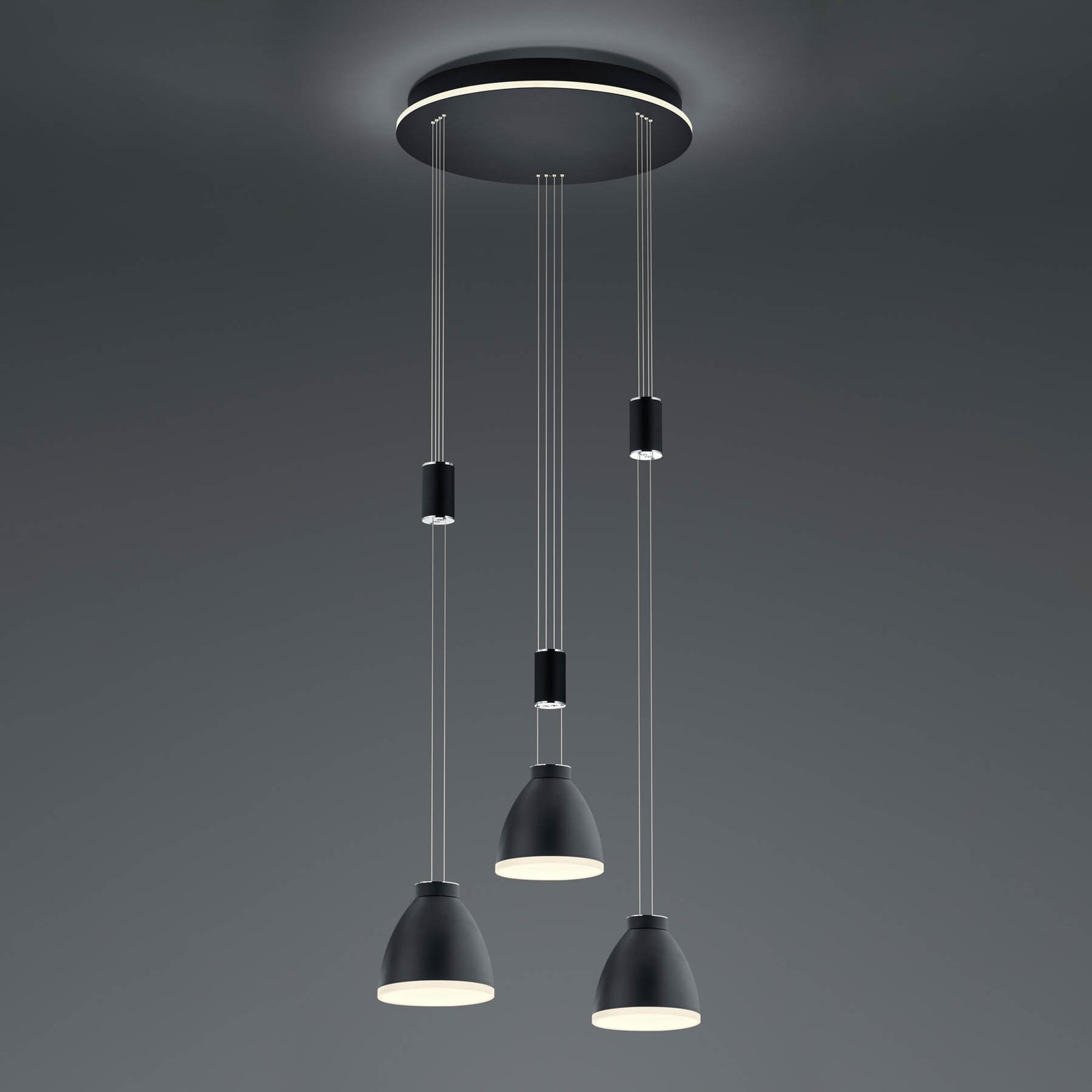 LED-hengelampe Leni, 3 lyskilder, rund, svart