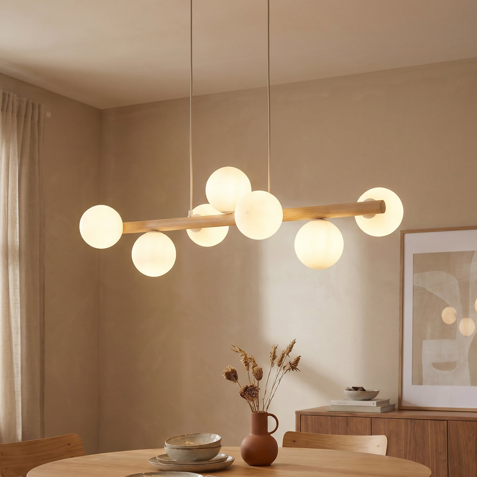 Hanglamp Estera, opaalglas, hout, 7-lamps