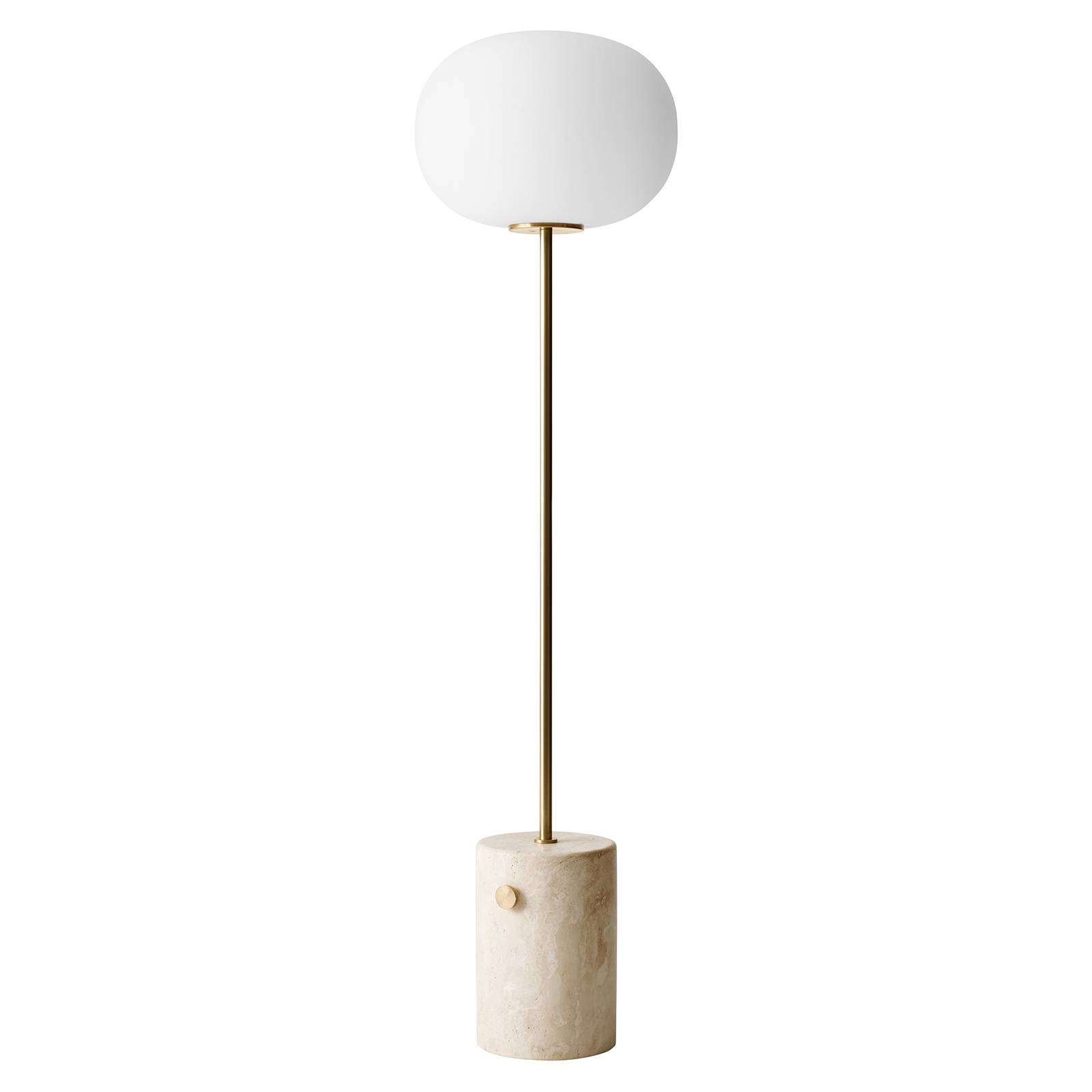 MENU Menu JWDA floor lamp, travertine, for Living / Dining Room, opal glass, brass, travertine, E27, 8 W, energy efficiency: A++, H: 150 cm