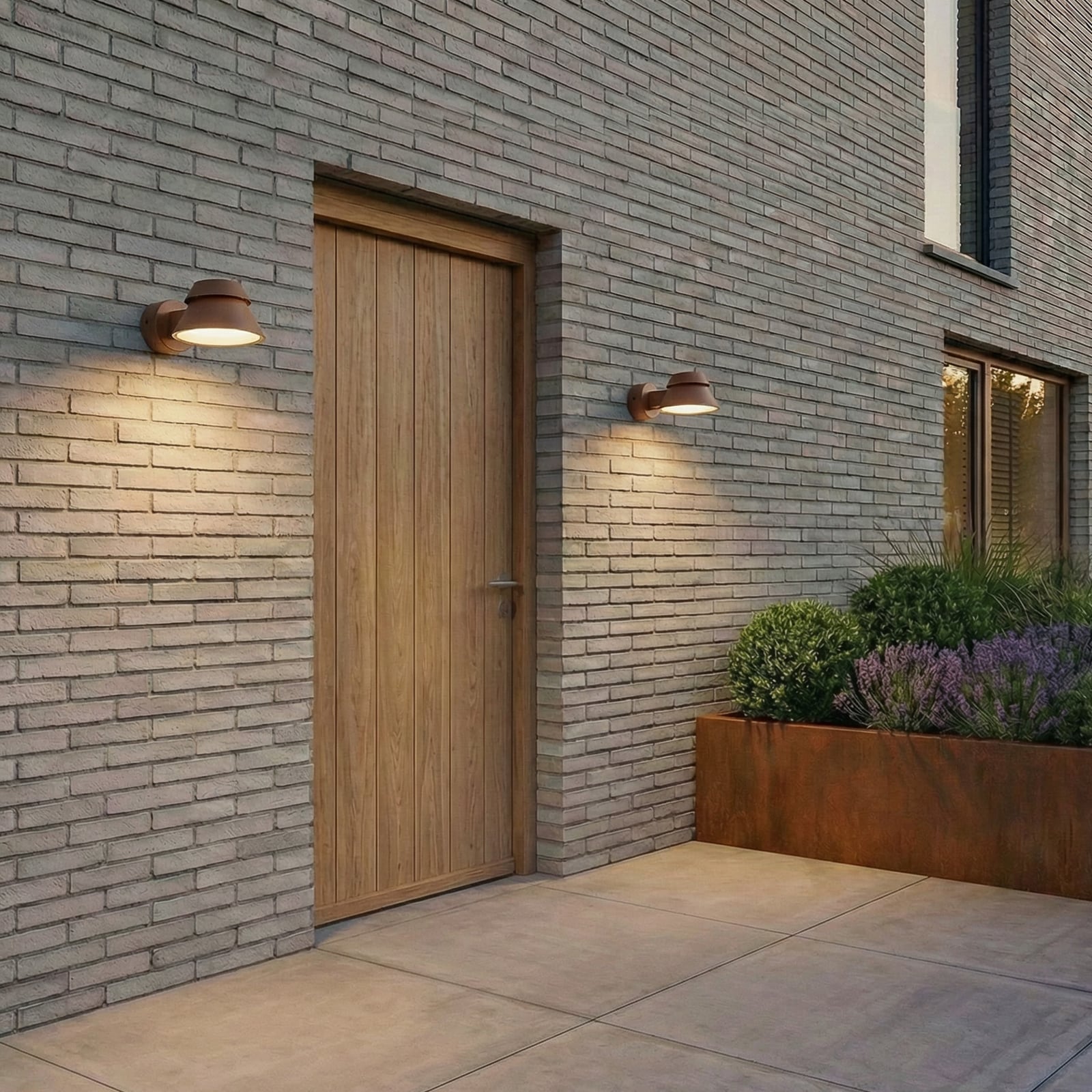 Moena LED outdoor wall light, IP44, aluminium, glass, brown - Lucande