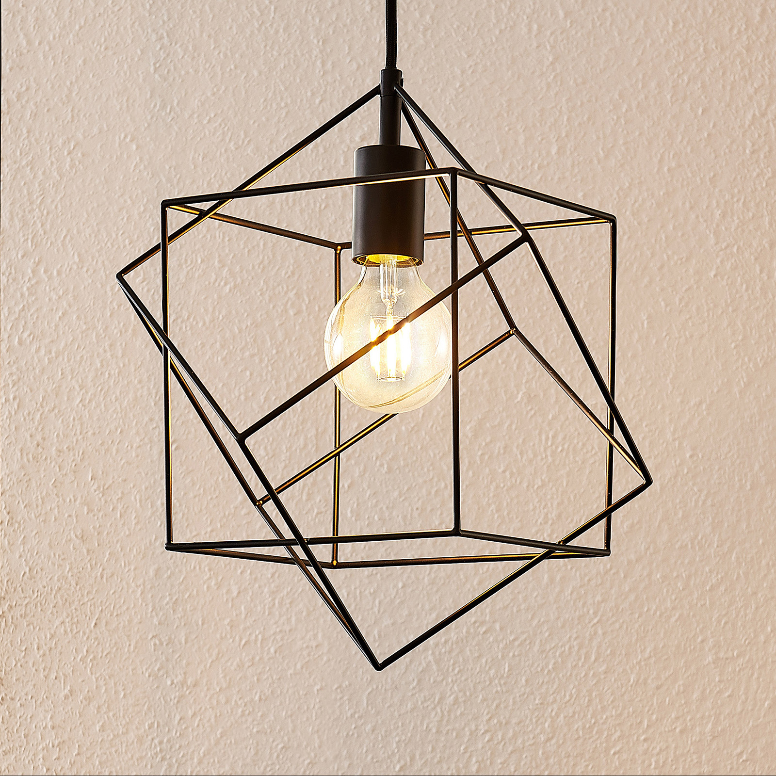 Lindby Finnigan hanging light, grid lampshade, 1-bulb, for Living / Dining Room, steel, E27, 60 W, energy efficiency: A++