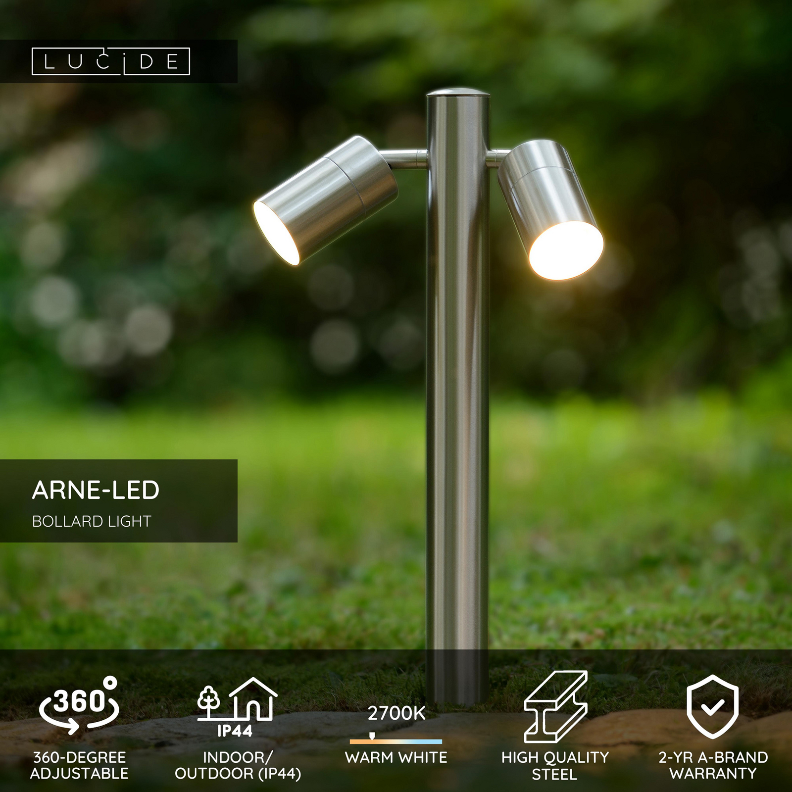 Tuinpadverlichting ARNE, chroomkleurig, 2-lamps. Hoogte 50 cm IP44 GU10-LED Tuinpadverlichting ARNE, chroomkleurig, 2-lamps. Hoogte 50 cm IP44 GU10-LED
