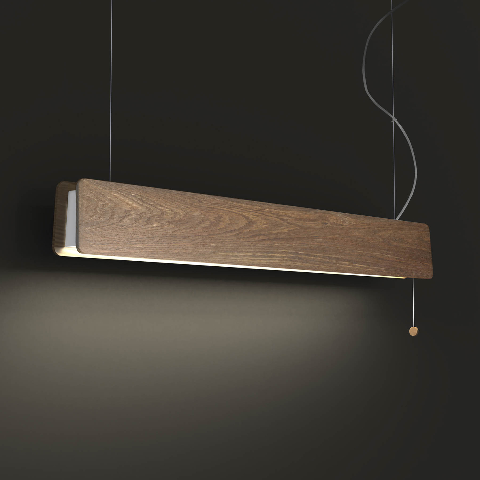 Suspension LED Oslo, bois, largeur 98 cm, interrupteur à tirette