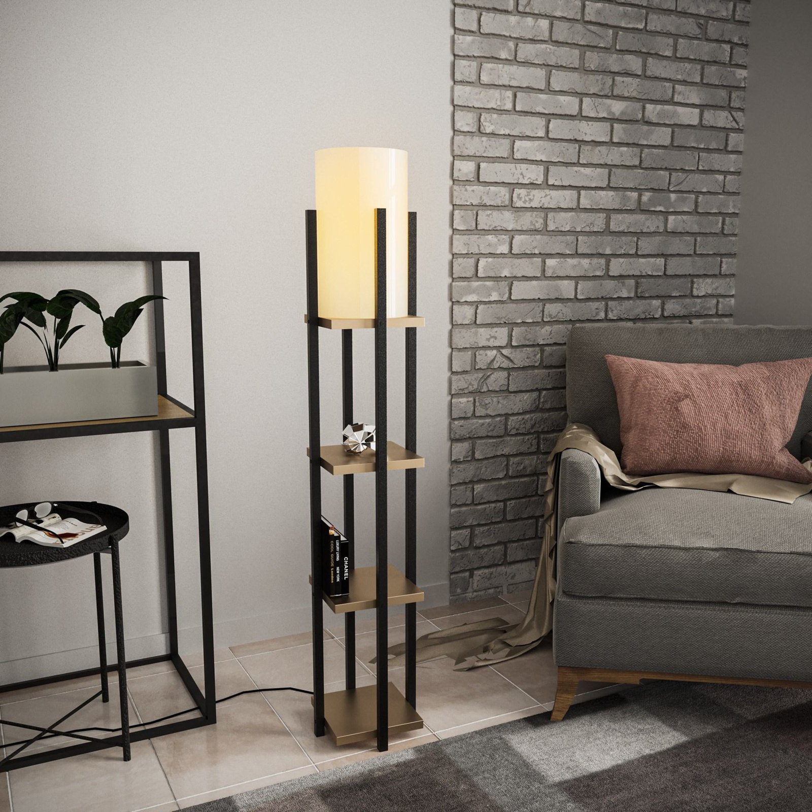 Vloerlamp 8115, zwart/goud/wit, metaal/canvas, hoogte 130cm