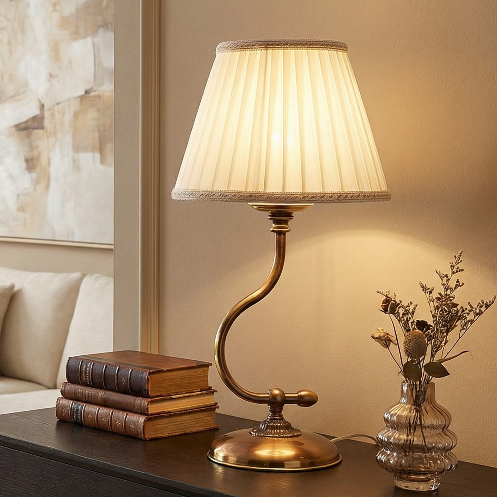 Cremasco Classic lampă de masă cu cadru arcuit - Camera de zi / sufragerie - Antichitate - fildeș alamă antichizată - Țesătură / Textil