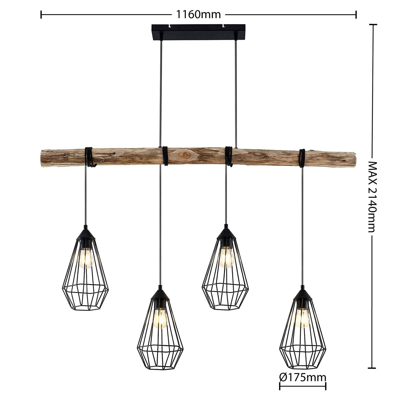 Lindby Eldarion suspension poutres bois, 4 lampes