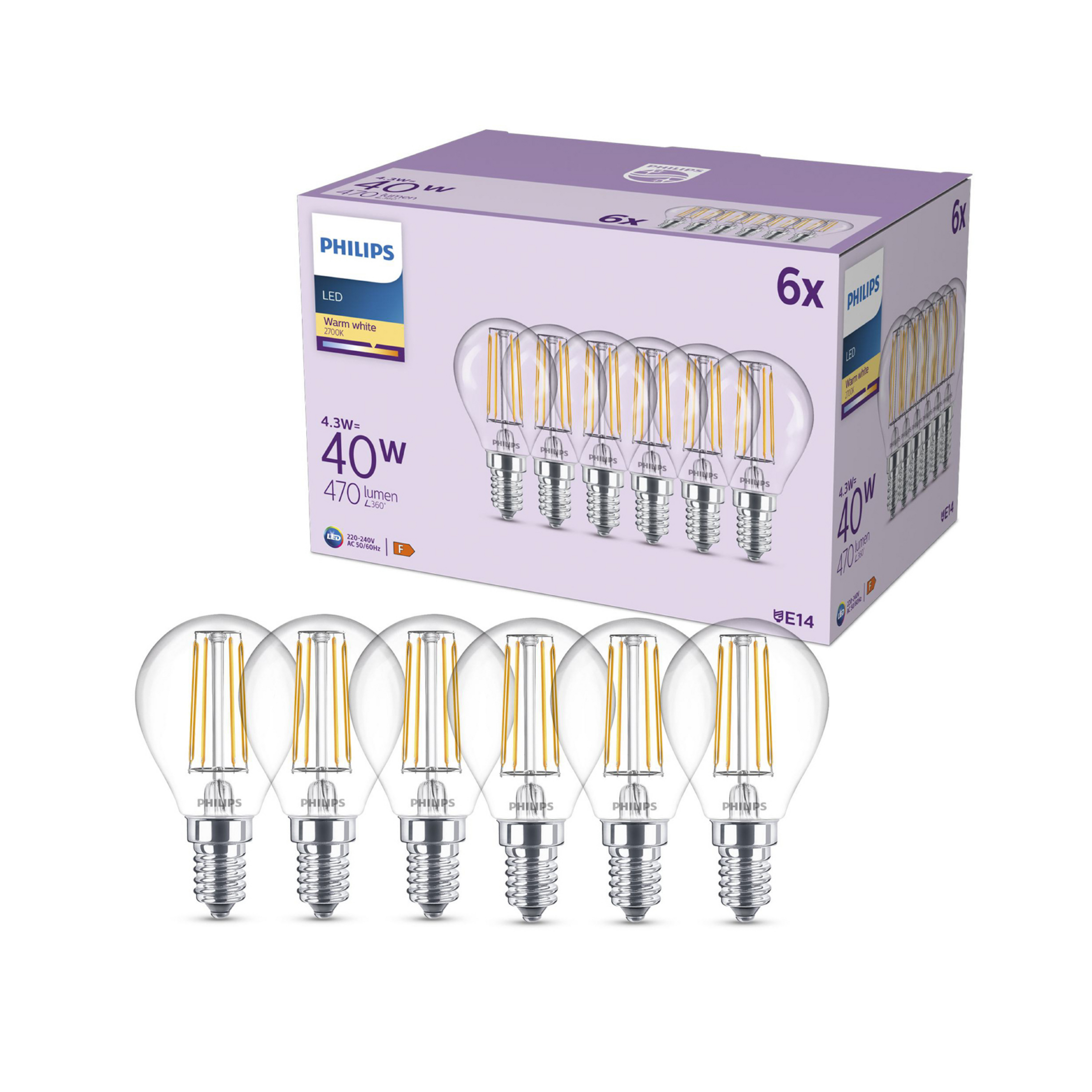 Philips LED лампа E14 P45 4,3W 470lm 2700K нажежаема жичка, 6 броя в опаковка