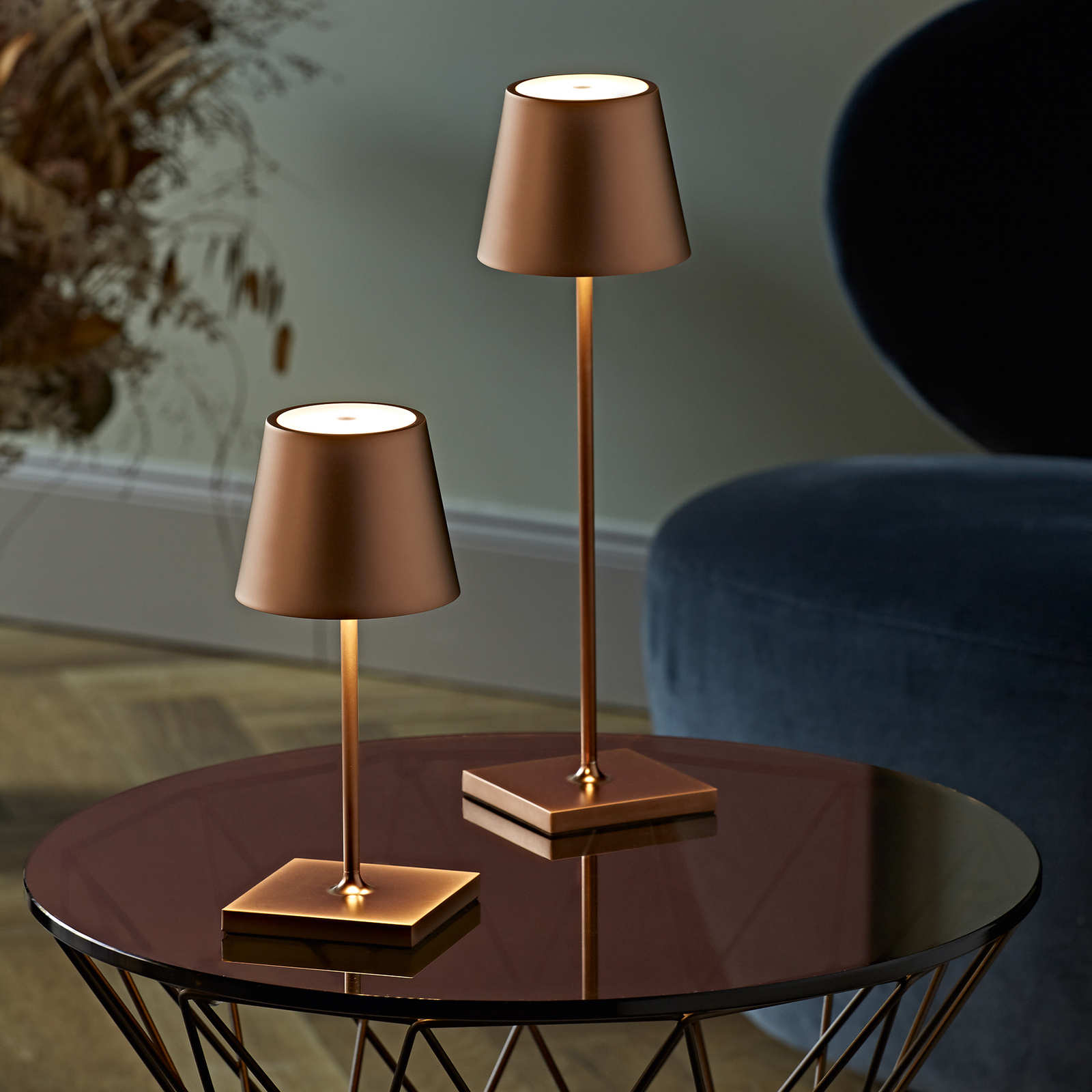Nuindie LED akkus asztali lámpa, kerek, 38cm bronz