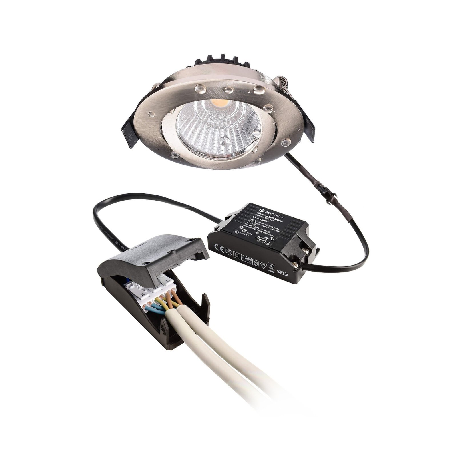 LED-Deckeneinbauleuchte Dione, IP44, 2.700 K, nickel, dim