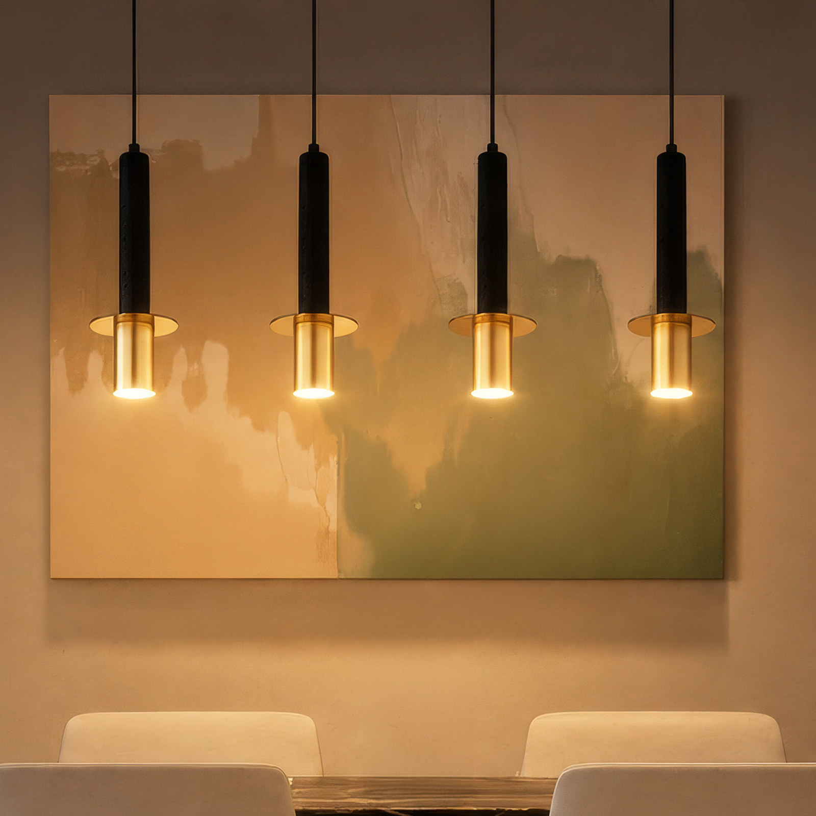 Lampada a sospensione Shanna, lunghezza 87 cm, nero/ottone, pietra, a 4 luci.