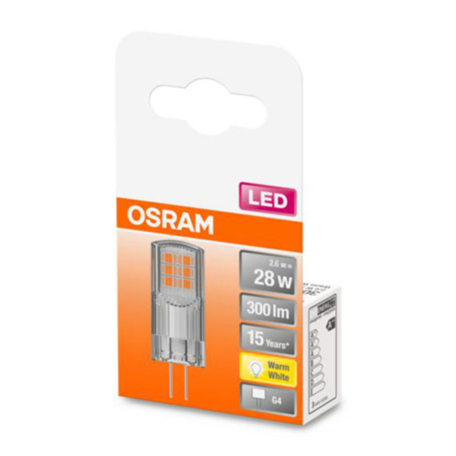 OSRAM LED bi-pin G4 2,6W, blanco cálido 300 lm