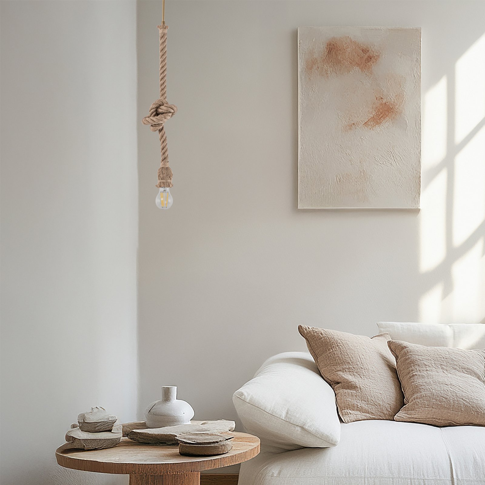 Lampada a sospensione AYD, beige, corda, altezza 70 cm, E27, fatta a mano