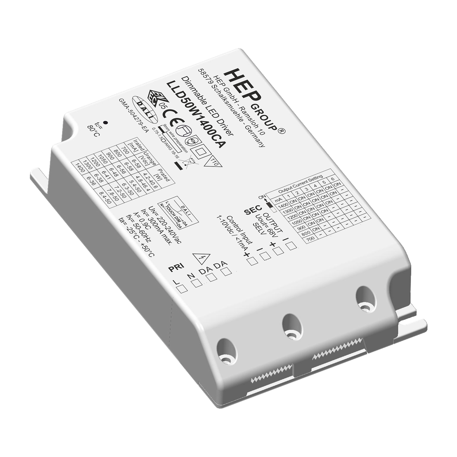 HEP LED driver LLD, 50 W, 1400 mA, dimmable, CC, plastic, L: 12.3 cm, W: 7.9 cm, H: 2.4 cm