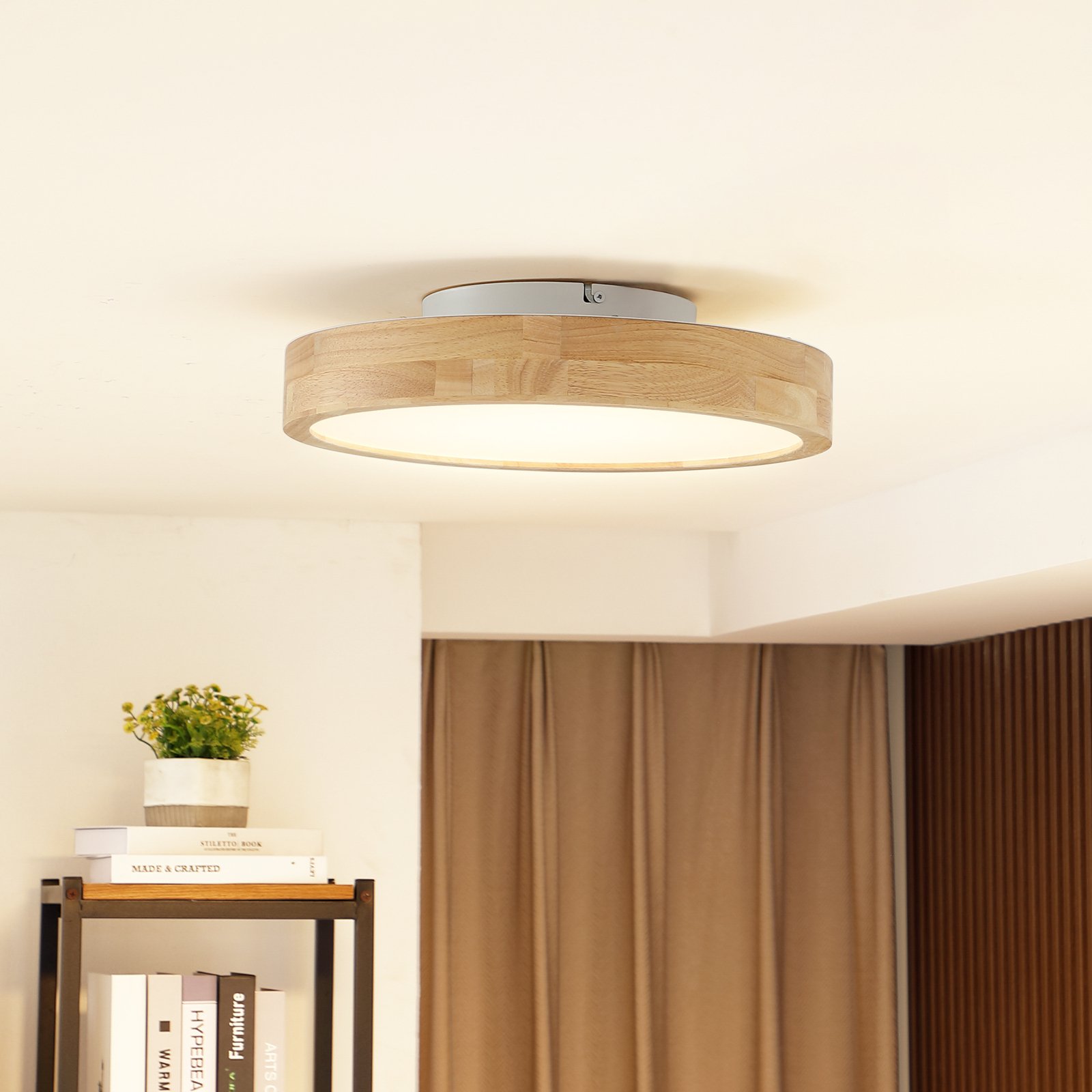 Lindby LED ceiling light Milada, oak, CCT, remote control