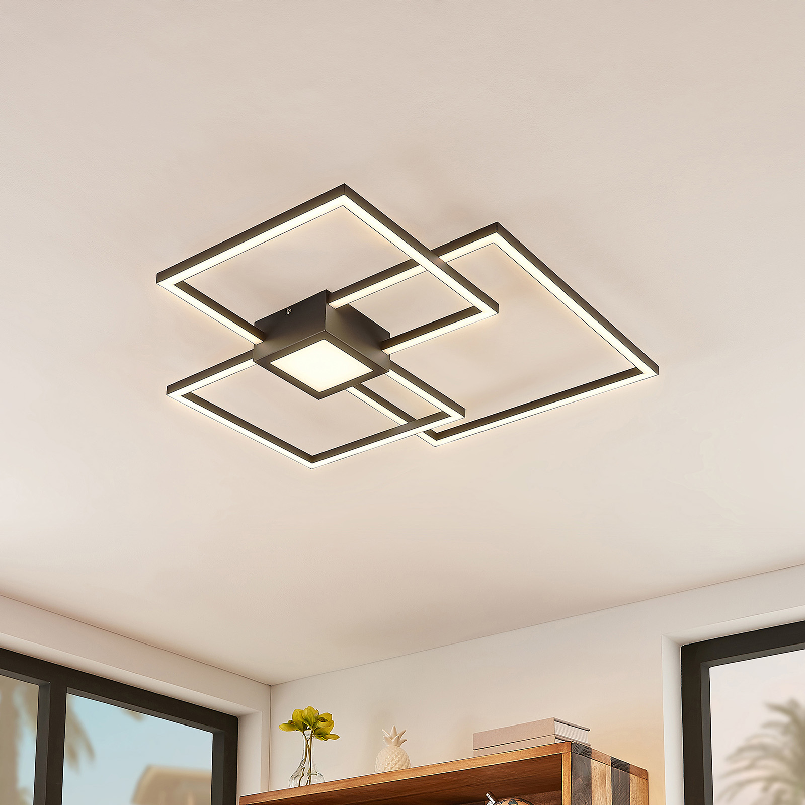 Lindby Duetto LED ceiling lamp anthracite 38W, for Living / Dining Room, aluminium, plastic, 38 W, energy efficiency: A+, L: 65.5 cm, W: 65.5 cm, H: 6.5 cm